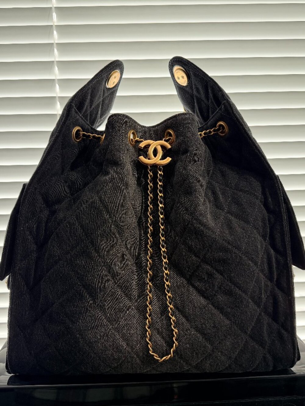 CHANEL 25 Bag Medium in Black Denim & Gold-Tone Metal